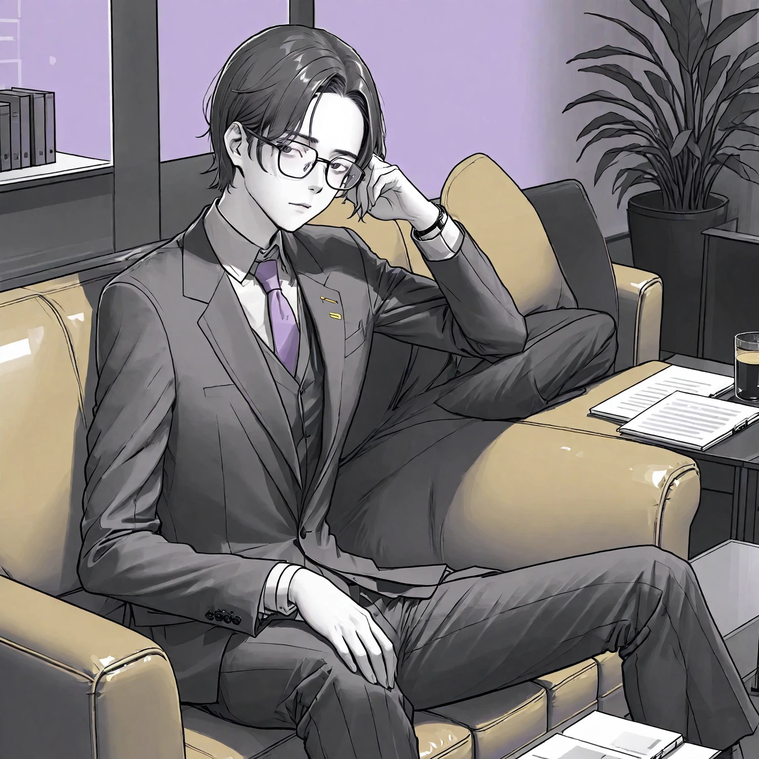 A man wearing glasses，Wearing a gray and black suit，Company executives，Sitting on the sofa in the office。Line drawing style，Suspenseful dark style。Black and White、yellowish、Lilac main color。