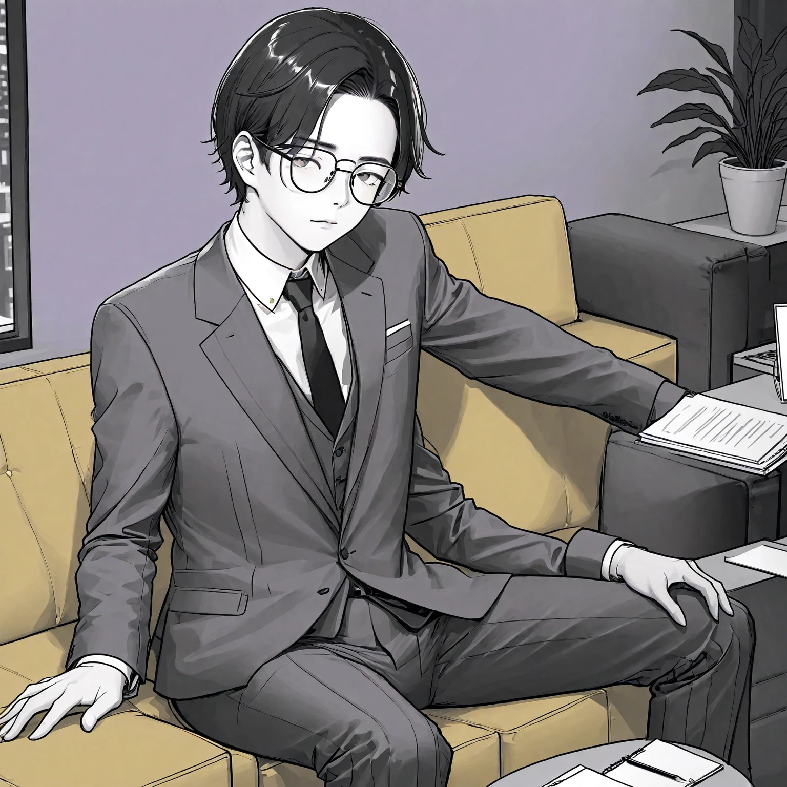 A man wearing glasses,Wearing a gray and black suit,Company executives,Sitting on the sofa in the office。Line drawing style,Suspenseful dark style。Black and White、yellowish、Lilac main color。