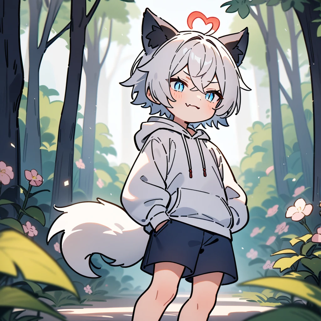 (masterpiece:1.2,high quality),8K,High resolution,A seven-year-old boy,cute boy,white hair,short hair,crossed bangs,light blue eyes,slit pupils,heart ahoge,black ears,cat ears,evil smile,skin fang,red halo,Wearing a white hoodie,Dark blue shorts,Stand in the forest,There are flowering trees on both sides.,primary school student,thigh,alone,dog tail,(Put your hands in your pockets),((Put your hands in your pockets))