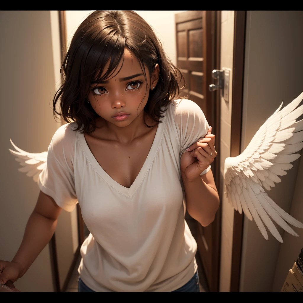 Turn this version into a real person keeping everything just the same brown skin female angel and crying with tears in both eyes running down both cheeks and with both hands holding a heart a broken heart repairing it the same exact image just making it real or realistic and keep all words in English nothing else on her Face but tears