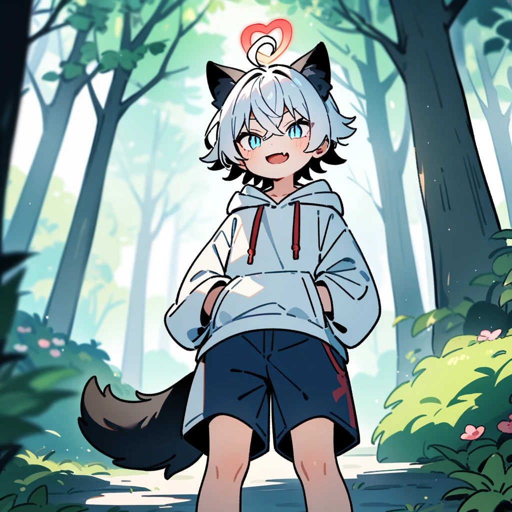 (masterpiece:1.2,high quality),8K,High resolution,A seven-year-old boy,cute boy,white hair,short hair,crossed bangs,light blue eyes,slit pupils,heart ahoge,black ears,cat ears,evil smile,skin fang,red halo,Wearing a white hoodie,Dark blue shorts,Stand in the forest,There are flowering trees on both sides.,primary school student,thigh,alone,dog tail,(Put your hands in your pockets),((Put your hands in your pockets))