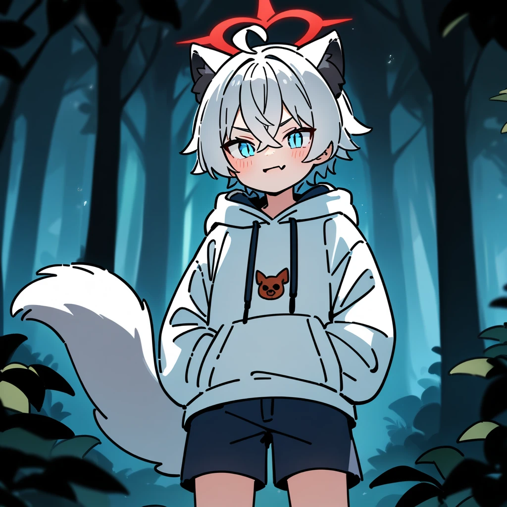 (masterpiece:1.2,high quality),8K,High resolution,A boy,cute boy,white hair,short hair,crossed bangs,light blue eyes,slit pupils,heart ahoge,black ears,cat ears,evil smile,skin fang,red halo,Wearing a white hoodie,Dark blue shorts,Stand in the forest,There are flowering trees on both sides.,primary school student,thigh,alone,dog tail,(Put your hands in your pockets),((Put your hands in your pockets))