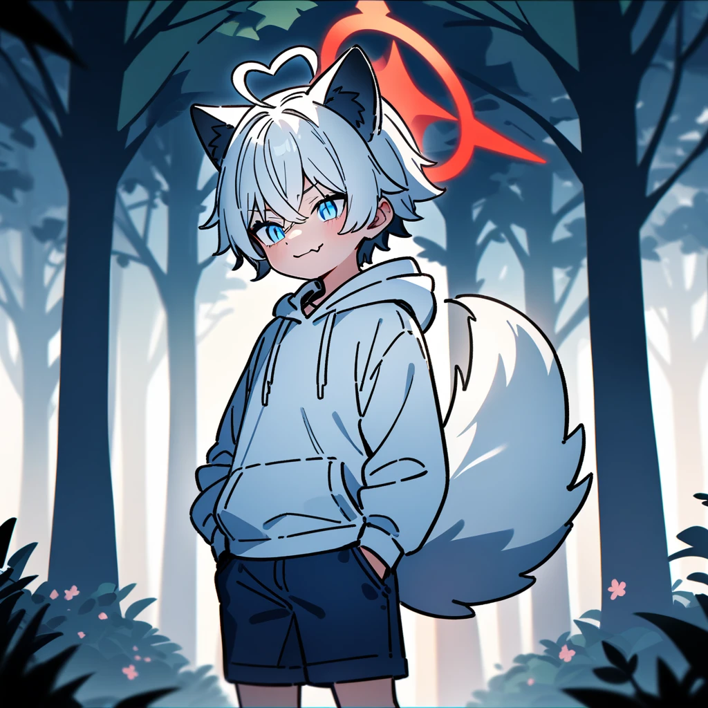 （masterpiece：1.2，high quality），8K，High resolution，A seven-year-old boy，cute boy，white hair，short hair，crossed bangs，light blue eyes，slit pupils，heart ahoge，black ears，cat ears，evil smile，skin fang，red halo，Wearing a white hoodie，Dark blue shorts，Stand in the forest，There are flowering trees on both sides.，primary school student，thigh，alone，dog tail，（Put your hands in your pockets），（（Put your hands in your pockets））