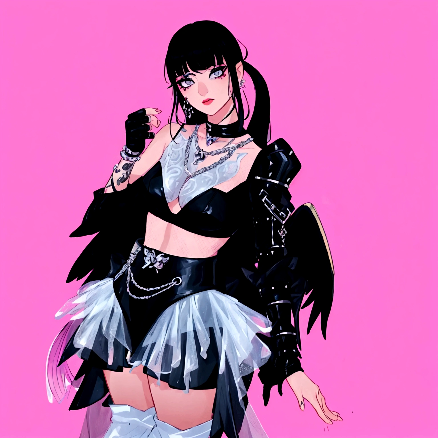 arafed image of a woman in a black outfit imvu, as a mystical valkyrie, villainess has black angel wings, second life avatar, inspired by Sim Sa-jeong, upper body avatar, goth girl aesthetic, she has black hair with bangs, portrait of jossi of blackpink, HD, Detailed, clear color, high quality