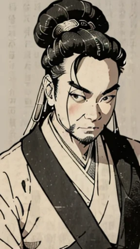 Oriental、Man in simple ancient Chinese costume、ancient chinese hairstyle male、Highest quality、masterpiece、Ultra-high resolution、(Realistic:1.4)、Game Poster、Crisp and beautiful image quality,Embroidered cloth wrapped around a topknot、Feather fan、Black clothes、