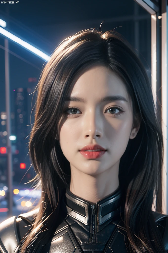 Game Art,Best picture quality,Maximum resolution,8K,((A bust photo)),((portrait)),(Rule of Thirds),Unreal Engine 5 rendering works, (Future Girl),(Female Warrior), 22-year-old young hacker),,(Beautiful eyes full of details),(Eyeshadow),Elegant and charming,Clothing is decorated with glittering patterns and emblems),Cyberpunk Characters,Future Style, Photo poses,City background,light,Ray Tracing,Game CG,((3D Unreal Engine)),oc rendering reflection pattern,(Smile with teeth showing),Unbackgrounded,close up