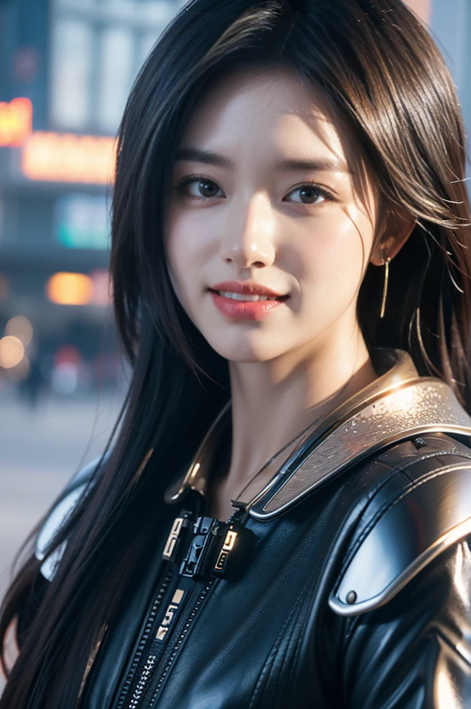 Game Art，Best picture quality，Maximum resolution，8K，((A bust photo))，((portrait))，(Rule of Thirds)，Unreal Engine 5 rendering works， (Future Girl)，(Female Warrior)， 22-year-old young hacker)，，(Beautiful eyes full of details)，(Eyeshadow)，Elegant and charming，Clothing is decorated with glittering patterns and emblems)，Cyberpunk Characters，Future Style， Photo poses，City background，light，Ray Tracing，Game CG，((3D Unreal Engine))，oc rendering reflection pattern，（Smile with teeth showing），Unbackgrounded，close up