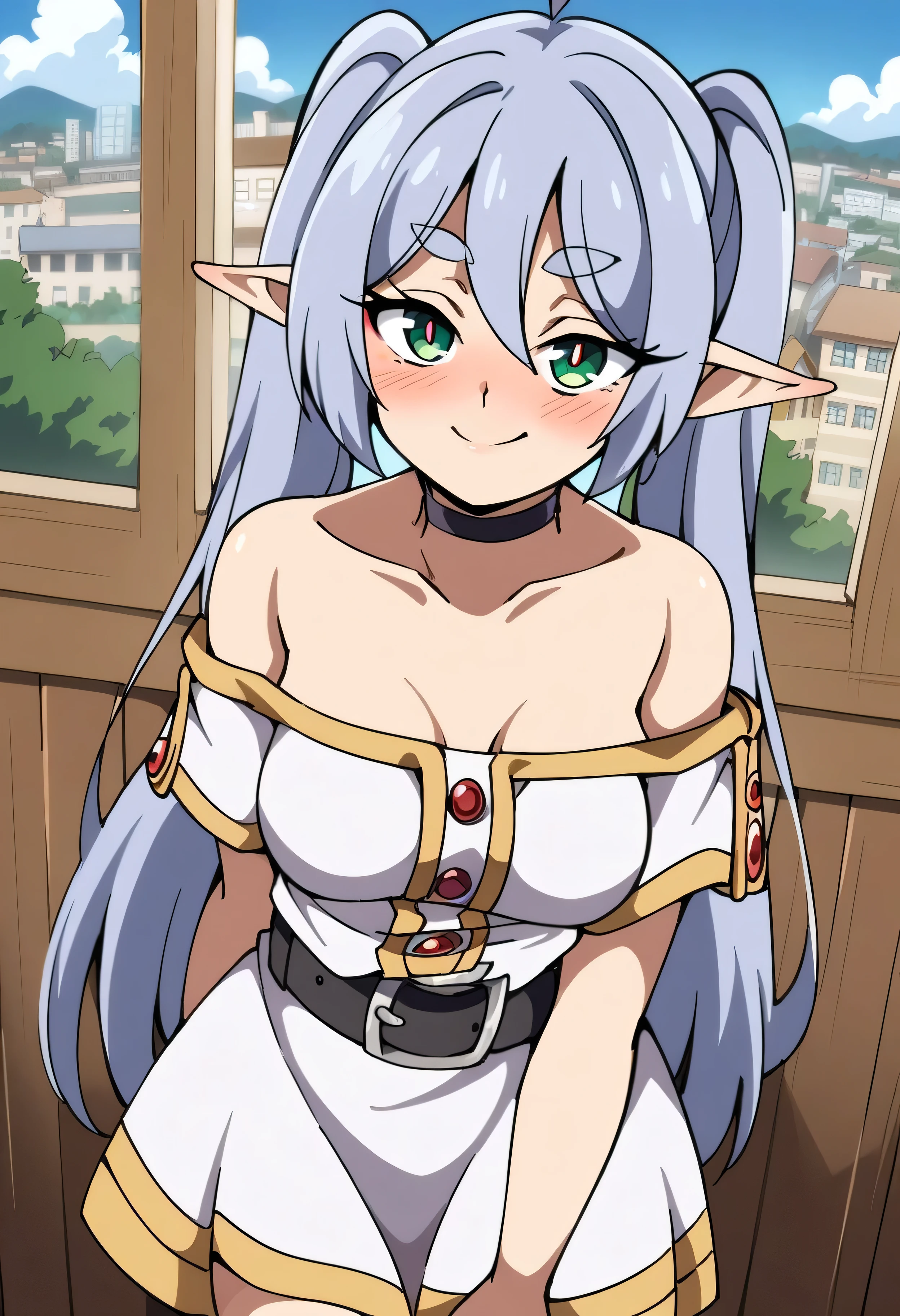 (mix1), anime art style, 2d, masterpiece, best quality, very aesthetic, absurdres, dynamic shadows, atmosferic, frieren, (1girl), (grey hair), long hair, twintails, pointy ears, green eyes, eyeslashes, detailed eyes, ahoge, bangs, medium breasts, makeup, intense blush, sexy smile, white dress, belt, choker, strapless, off shoulder, short sleeves, (cowboy shot), peace symbol, looking at viewer, from above, standing, wooden wall, window, clouds, sky, city