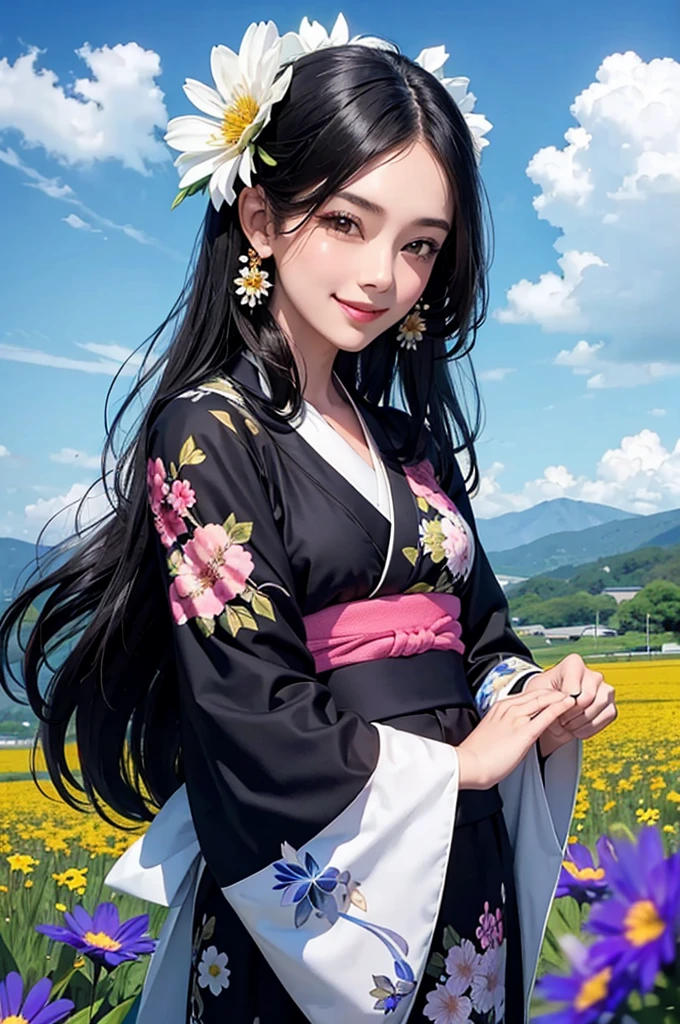 A beautiful woman with black hair and a kimono greets you with a smile, with a flower field in the background under a blue sky