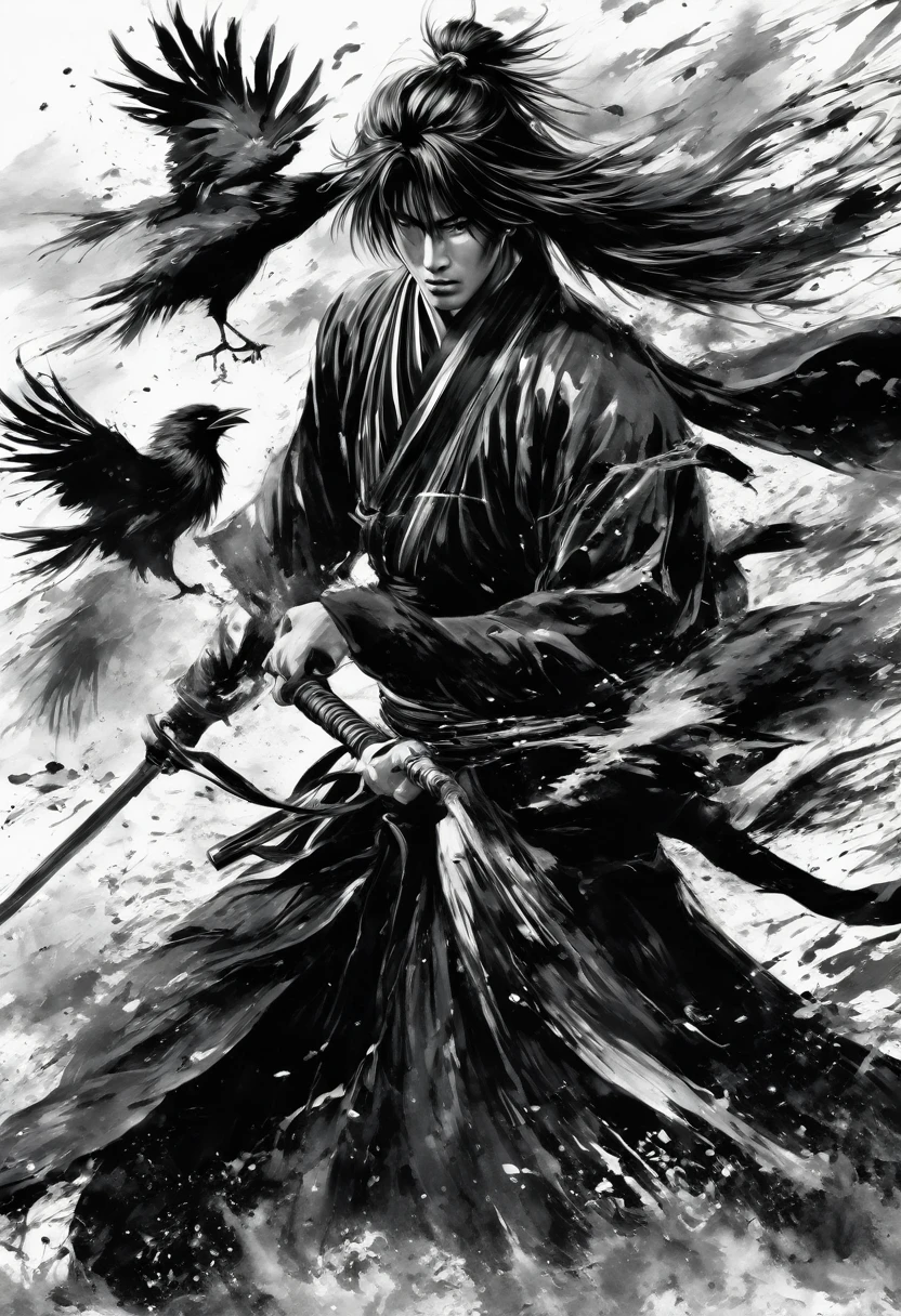 Ink painting,Ink Painting,Black and white painting,splash,Anime Rurouni Kenshin,main character、Kenshin Himura,Black Costume,(face,angly),(Several crows fly:1.2),Detailed depiction of intense sword fighting scenes,Dynamic movement and powerful brushstrokes、