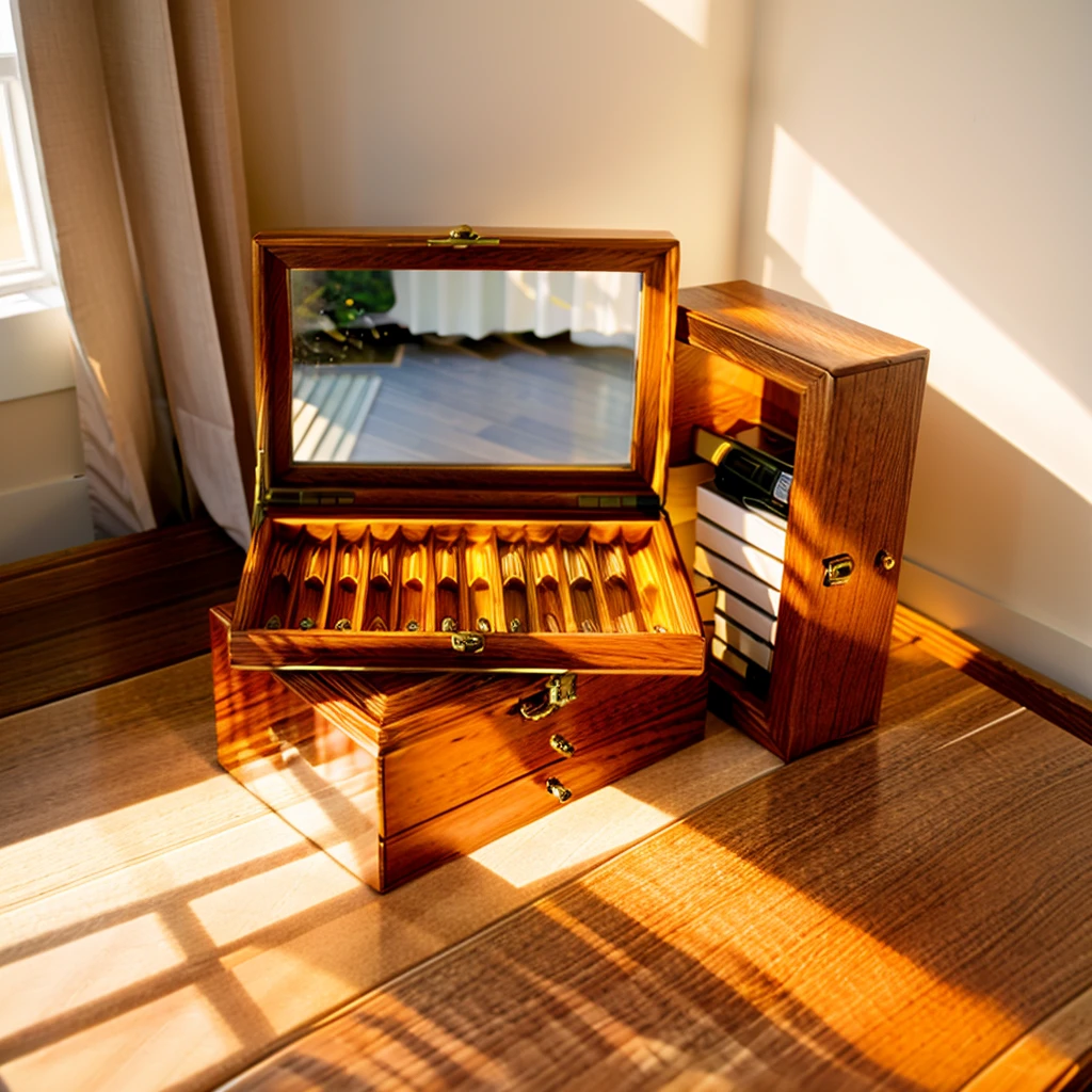 In this cozy room,A ray of sunlight shone through the half-drawn curtains on the table,Let the wood grain on the watch storage box shine with a faint luster。There was a calm and peaceful atmosphere in the air around them。There are several still lifes hanging on the walls of the room,It adds a touch of elegance to the space。And on the other side of the room,The half-open window lets in the breeze,The pages on the small desk by the window turned in the wind,This quiet scene gives a sense of tranquility and comfort。