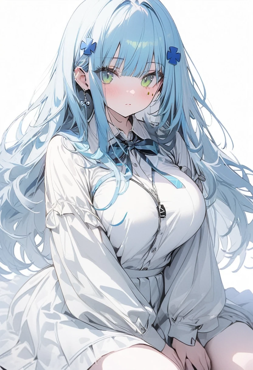 （(1girl))，(((high resolution))),((full body)),straight hair,large breatst,Masterpiece，Super detailed，(((white background)))，Cool look,((hk416)) ，childish appearance,(expressionless),blunt bangs,(Sky blue hair)，long hair，big breasts,Teenage Girls,Clear Eyes，Green Eyes,white skin,Great graphics,left skirt,frilled panties