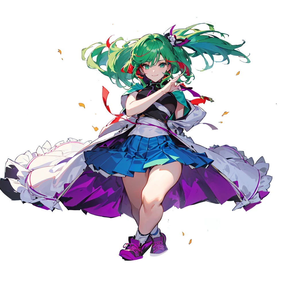 Green hair blue skirt anime girl, Wear漂亮裙子的cute动漫女孩, Kushat Krenz Key Women in Art, Anime cute art style, Wear, Beautiful and charming anime woman, Official Character Art, Attractive anime girl,Macross Delta Inkjet Art, 蓝Green Hair的动漫女孩, female anime character,Lively standing posture,enchanting,,absurd, ultra detailed, masterpiece, best quality, Aesthetic, detailed, Solitary, Smile, 1 Girl, Aqua eyes, Double tail, 长度中等的Double tail, 有点乱的Double tail,Hair between the eyes, Bangs, crossed Bangs, Messy hair, Small Breasts, Shut up,Sleeveless shirt, Open coat, turtleneck, Purple sneakers, Half-taken off purple coat, Card issuance, Girl,Green Hair,Green Hair,Green Hair,Green Hair,thin,Thin legs,Charming pose,Sexy,Sexy,Red hair accessories,Ball between legs,Red and white ball,clown女,clown妆容,Purple skirt,Blue skirt,Ultra-clear,Ultra-clear,Looking at the camera,Full body portrait,Small breasts,Height 150cm,cute,Exaggerated smile,Six-headed body,Petite,slim,a beautiful Girl,Thin waist,clown,Ball between legs,Emerald green underwear,腿中间夹着Red and white ball,Right hand on the face,Left-handed scissorhands