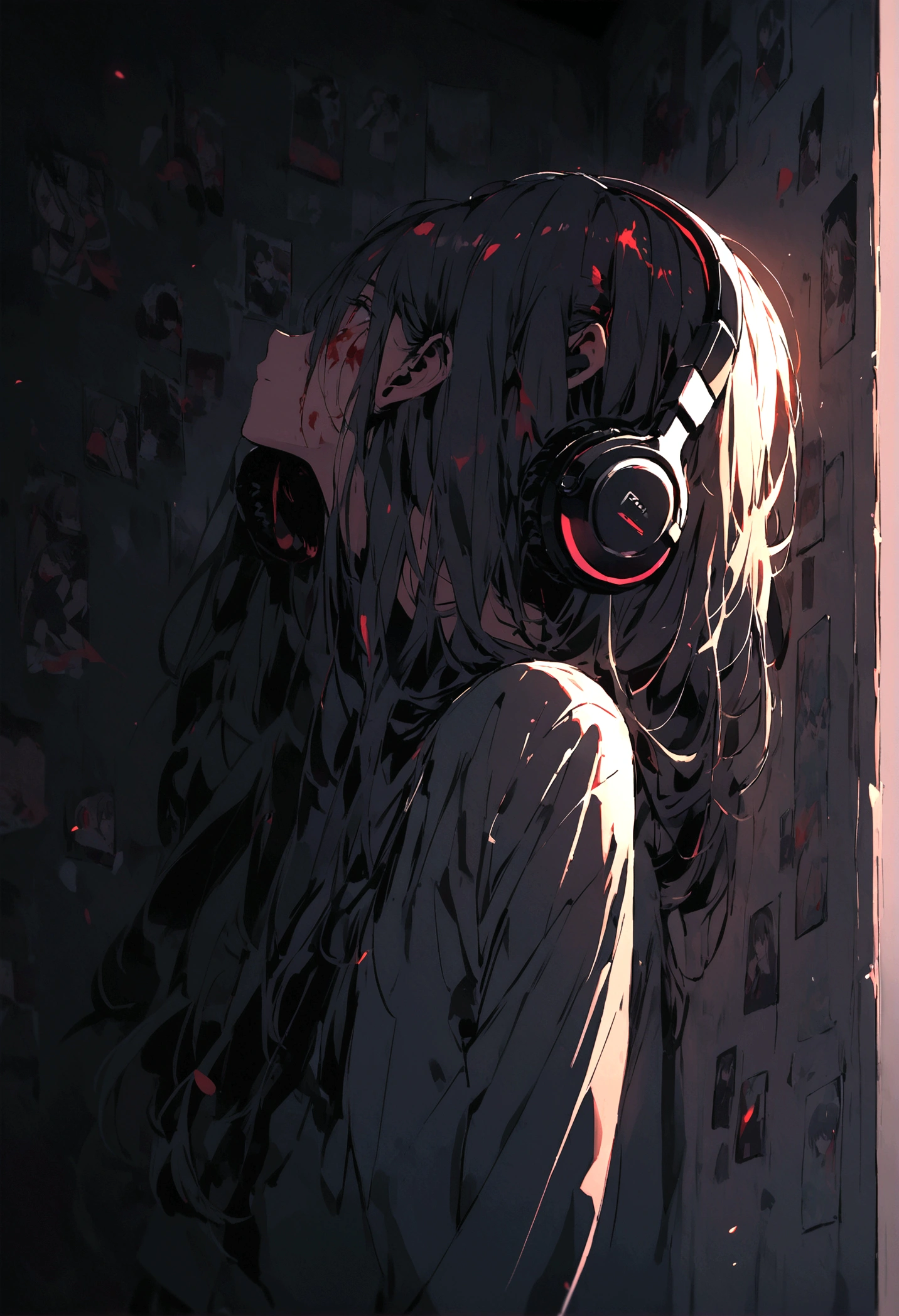 Bloody headphone in a totally dark room, where the light only illuminates the Headphone and several pictures of musical notes completely bloodied on the wall
