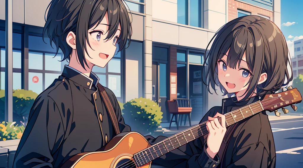 1boy、Highest quality, Ultra-high resolution, masterpiece, 8K quality,My son, a high school student, wears a black .、紺色guitarケーズを背負う、A mother seeing her son off to high school、 Laughing happily. There is a building in the background, Flat school building, Warm Spring.Face close-up、gakuran、guitar、
