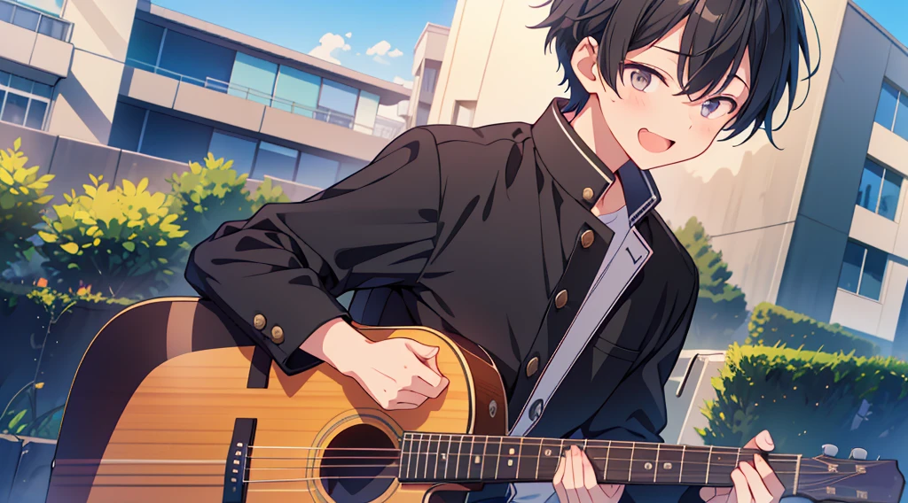 1boy、Highest quality, Ultra-high resolution, masterpiece, 8K quality,My son, a high school student, wears a black .、紺色guitarケーズを背負う、A mother seeing her son off to high school、 Laughing happily. There is a building in the background, Flat school building, Warm Spring.Face close-up、gakuran、guitar、