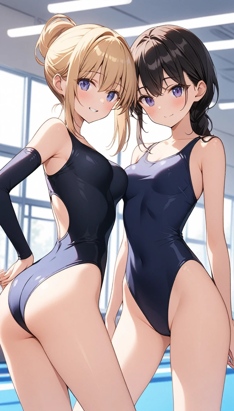 expensivequality illustration, masterpiece, very delicate and beautiful, attractive girl,(gymnastics leotard,tight leotard,length_sleeve leotard,expensive_leg leotard,athletic leotard),thin,slender body,slim,expensive school,gymnastics club,2 girls,bare legs,gymnasium background,princess, beautiful eyes, light smile,highres, extremely detailed CG unity 8k wallpaper, perfect lighting, ultra-high res,cowboy  shot 