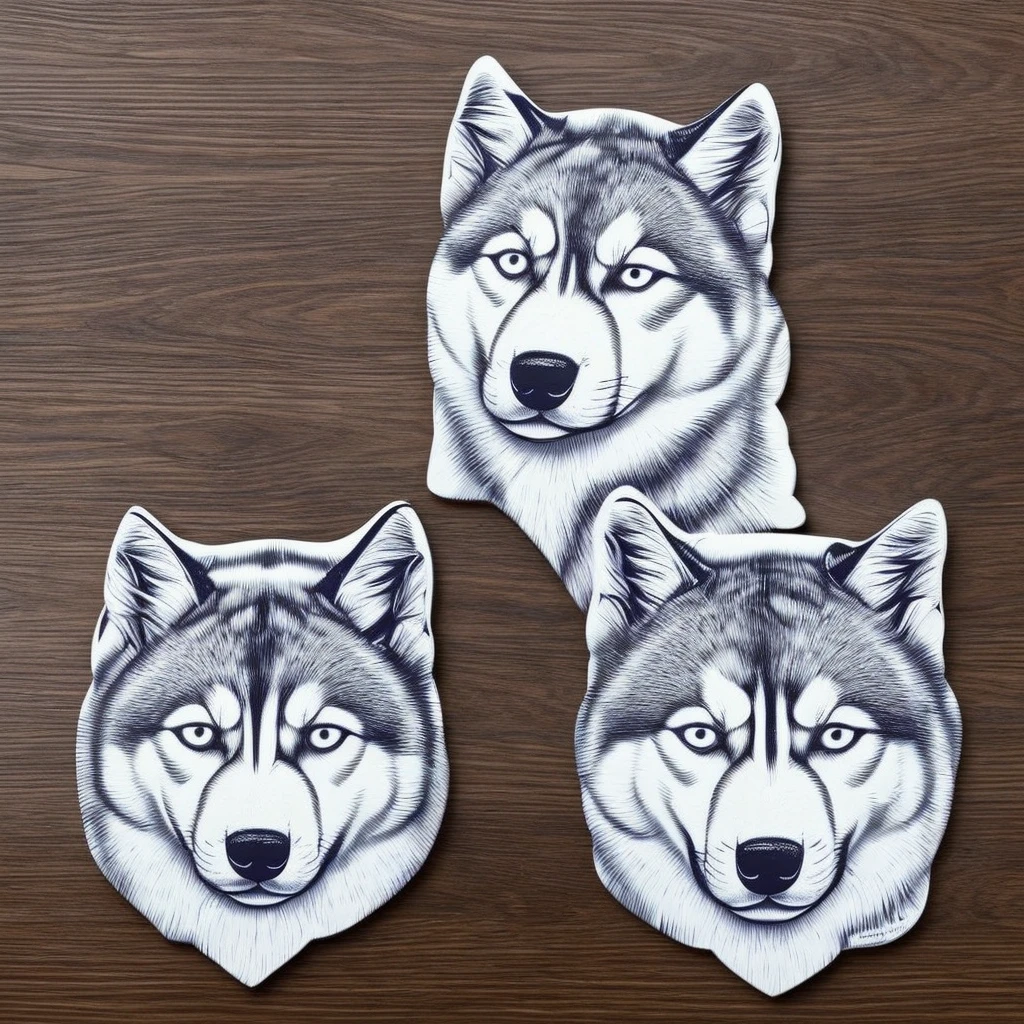 Create a sharp and modern logo featuring the head of a husky. The husky's eyes should be piercing, and use shades of gray and white to capture the fur texture. The logo should have a geometric design with sharp edges while maintaining the natural essence of the husky's features. Aim for a vintage classroom atmosphere, with a soft-focus background and high contrast, creating a unique and educational mood. Additionally, incorporate the following elements: - Highlight the shape of the husky's ears. - Place a small snowflake or ice crystal in the center of the logo. - Add an icy crystal texture to the husky's fur.