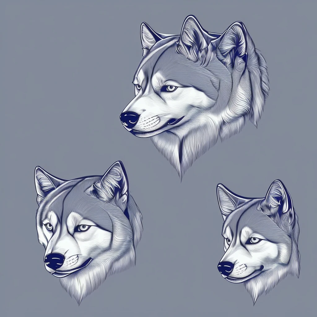 Create a sharp and modern logo featuring the head of a husky. The husky's eyes should be piercing, and use shades of gray and white to capture the fur texture. The logo should have a geometric design with sharp edges while maintaining the natural essence of the husky's features. Aim for a vintage classroom atmosphere, with a soft-focus background and high contrast, creating a unique and educational mood. Additionally, incorporate the following elements: - Highlight the shape of the husky's ears. - Place a small snowflake or ice crystal in the center of the logo. - Add an icy crystal texture to the husky's fur.