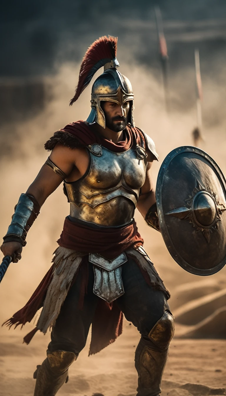 Create an image of a Spartan warrior covered in the dust and dirt of battle, yet standing tall and proud, battle atmosphere background, hyper realistic, ultra detailed hyper realistic, photorealistic, Studio Lighting, wearing a gold crown, reflections, dynamic pose, Cinematic, Color Grading, Photography, Shot on 50mm lens, Ultra-Wide Angle, Depth of Field, hyper-detailed, beautifully color, 8k