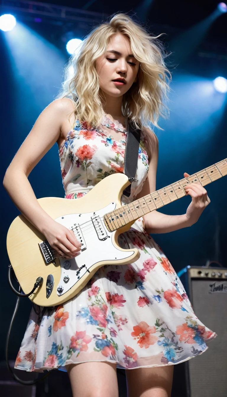 A beauty young woman with disheveled blonde hair and flowered dress playing a white electric guitar for the audience on the stage
