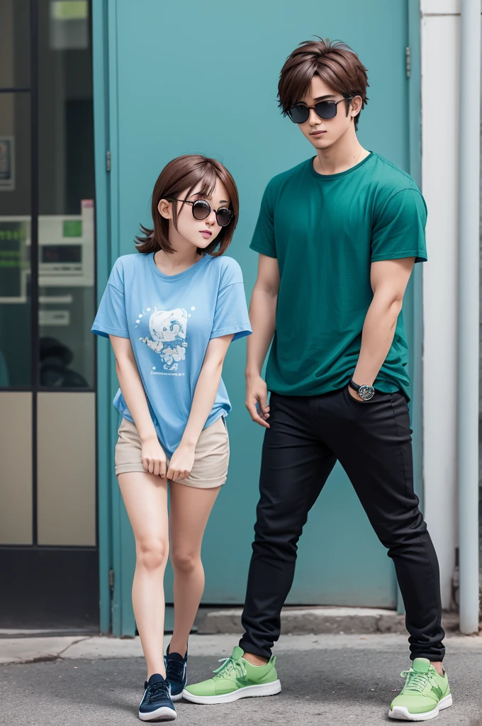 anime cartoon style character, with a blue shirt, brown hair, tinted sunglasses, black pants and green shoes.