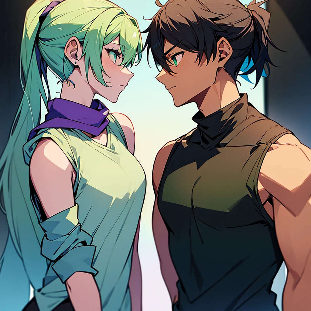 2 people. Male, long light blue-green hair tied in a ponytail, slightly brown skin, green eyes With a purple scarf and a black sleeveless t-shirt..
The other female character, short pink hair, Light blue-almost green eyes dressed like royalty.