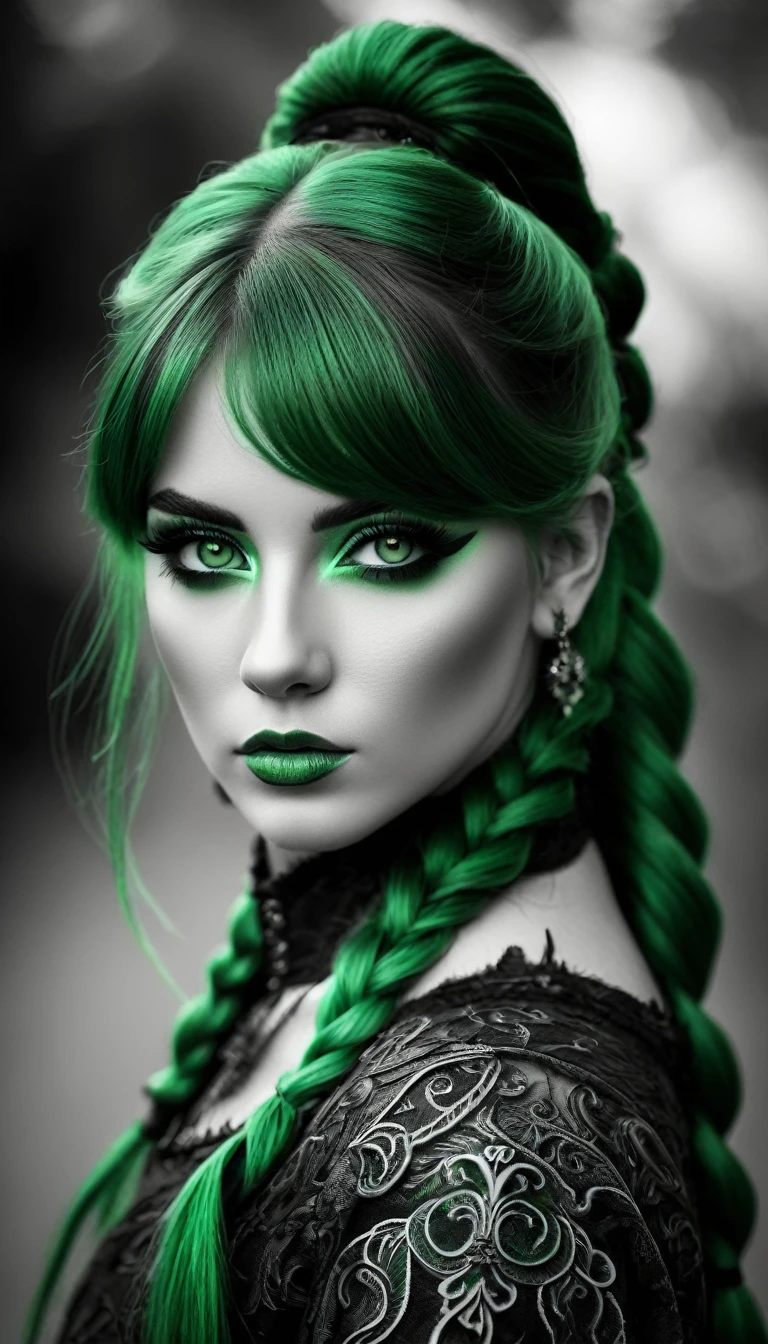 ((Monochrome, monochromeXL:1.4), Photo noire et vert), Sublime femme 30ans avec deux très longues queues de cheval de chaque côté, magnifique double queues de cheval très détaillés avec des structures fractales, double twin ponytails, twin tails, Lèvres détaillées, Yeux détaillés, regard intense, cils détaillés, visage détaillé, long cheveux vert foncé, visage de séduction, ((maquillage vert, tatouage fin et légé )), photo du milieu du corps, ((porte un costume)),(( photo noir et blanc et vert, only black and white and green photo)), (((photo noir et blanc et vert, only black and white and dark green photo, le maquillage et les cheveux, b/w, B&W,long twin ponytails)))