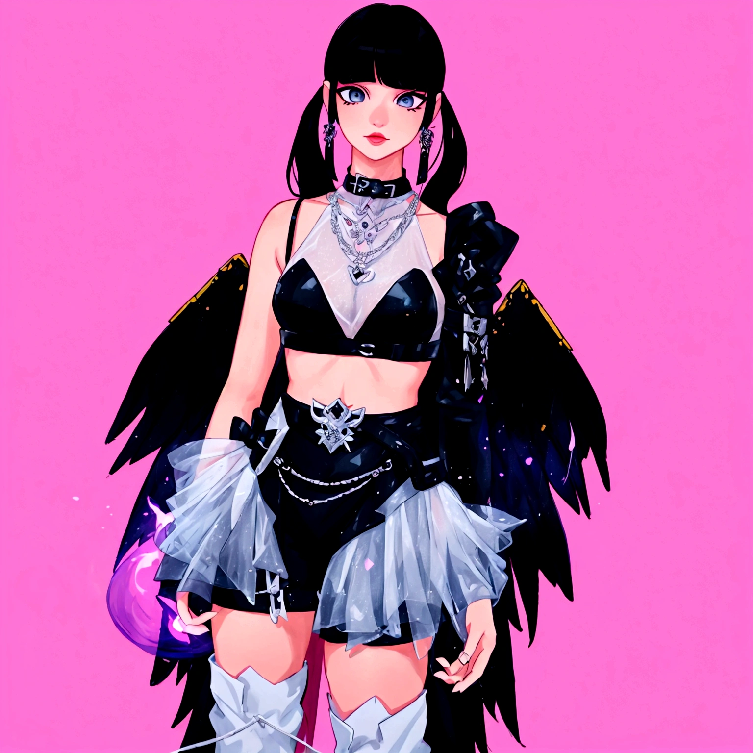 arafed image of a woman in a black outfit  imvu, as a mystical valkyrie, villainess has black angel wings, second life avatar, inspired by Sim Sa-jeong, upper body avatar, goth girl aesthetic, she has black hair with bangs, portrait of jossi of blackpink, HD, Detailed, clear color, high quality