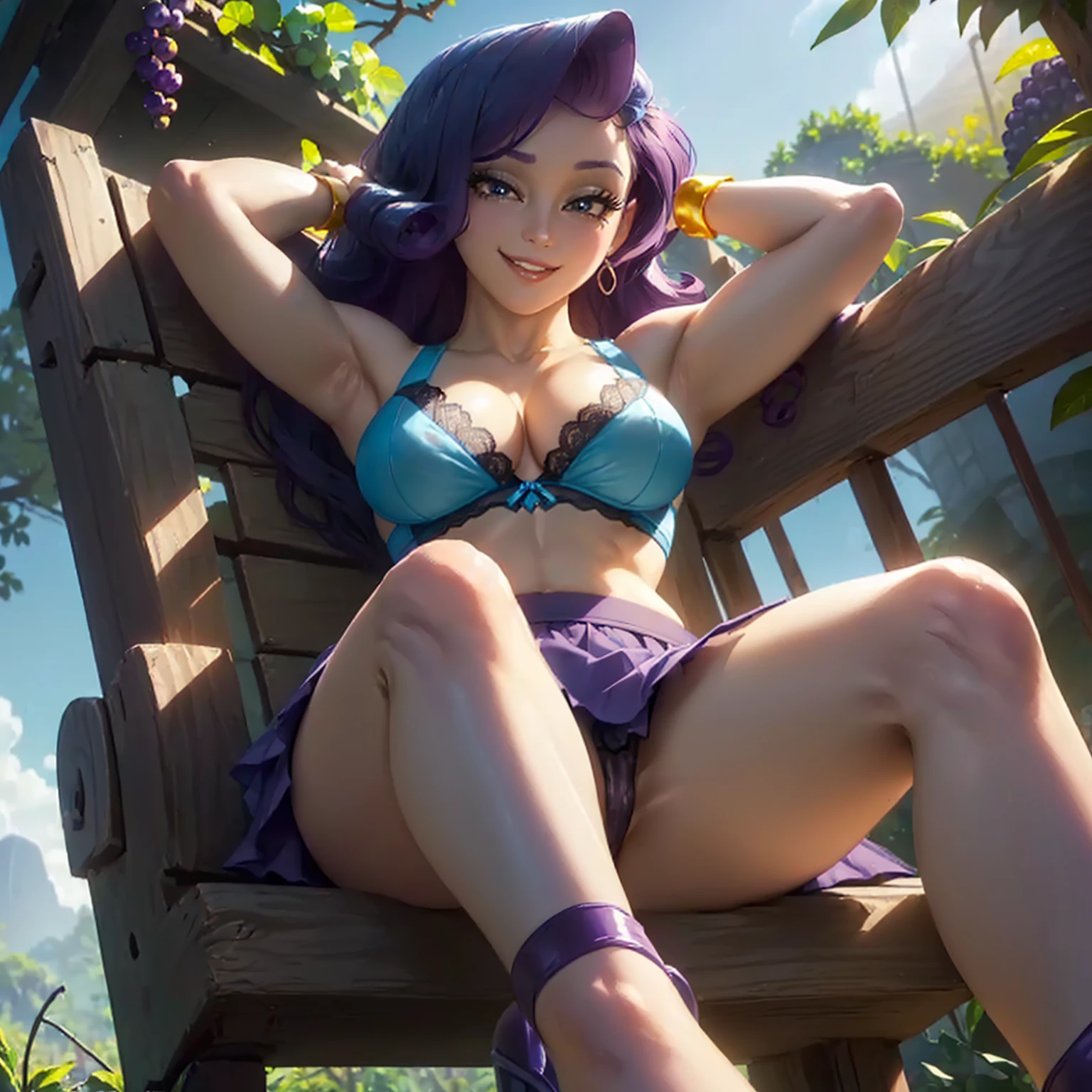 (((beautiful female body))),(((rarity as a sweet charming hot seductive horny model))) ,(((sit on the fences leant to grape tree crossed legs)))), (((outdoor))),(((jungle in background))),(((lewd and erotic posing))), (((happy wicked smile))) ,(((wear light blue sheer lace transparent see through very short bra and skirt))) , (((upskirt view))) , breasts are visible , (((wear high heels))) , golden bracelets , (((perfect big breasts))) , lush breasts , Bulky Breasts , voluminous breasts ,(((peeping the viewer))),(((bare belly))),(((side close upskirt view))),(((look at the viewer hands behind head)))