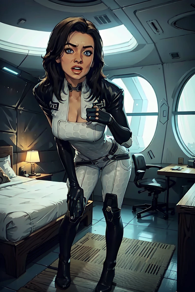 masterpiece, high detailed, best quality, highres:1.2, 1girl, solo, mature girl, Miranda Lawson, black hair, long hair, pretty face, blue eyes, bodysuit, choker, gloves, belt, boots, large breasts, cleavage, looking at viewer, indoors, spaceship interior, bedroom, standing, leaning to the camera, sexy pose, natural feminine hands, natural legs, full body shot, curious face expression, opened mouth