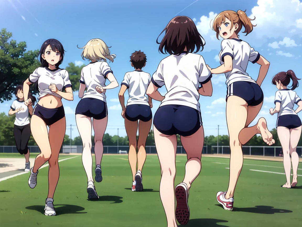 A large group of girls、Let me dash,The girls、It is neatly lined up,Girls running at full speed,,gym shirts,Highest quality,back view,1990s anime style,White shirt and blue bloomers,Angry expression,barefoot,A group of several girls,体操服と青いブルマを着たbarefootの女子たちが、Standing in a row、I run desperately through the schoolyard.,The girls素足です,The girls汗をかきながら、Running with a tired look,