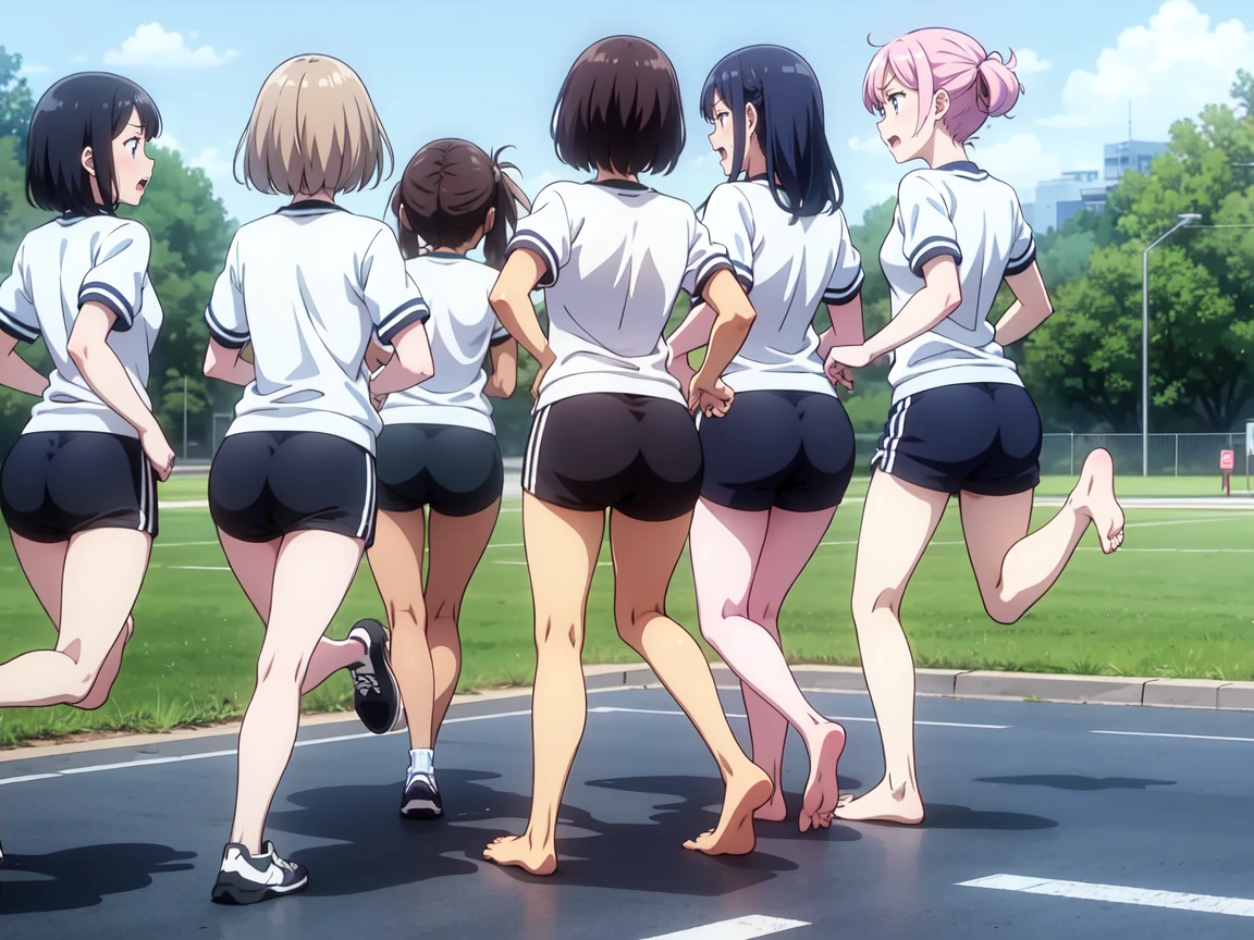 A large group of girls、Let me dash,The girls、It is neatly lined up,Girls running at full speed,,gym shirts,Highest quality,back view,1990s anime style,White shirt and blue bloomers,Angry expression,barefoot,A group of several girls,体操服と青いブルマを着たbarefootの女子たちが、Standing in a row、I run desperately through the schoolyard.,The girls素足です,The girls汗をかきながら、Running with a tired look,