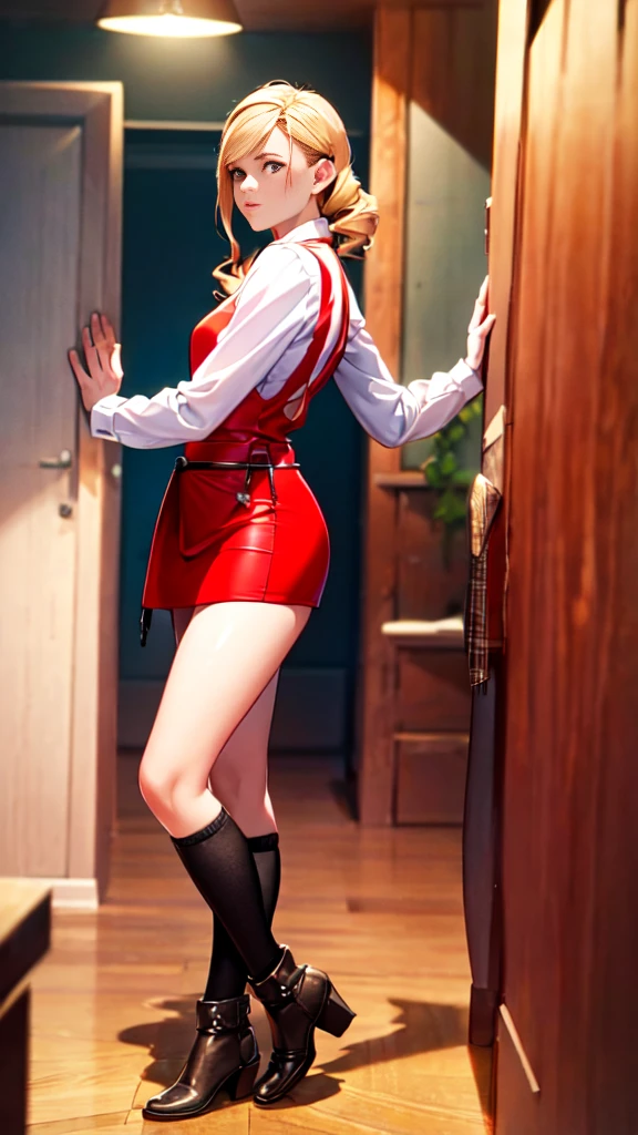 A young female tavernkeeper , red-haired, blonde brown hair, wear a short tight dress with a leather apron, 21 years old, DND, medieval fantasy, (best quality,4k,8k,highres,masterpiece:1.2), ultra-detailed, anime:1.37), vibrant, 