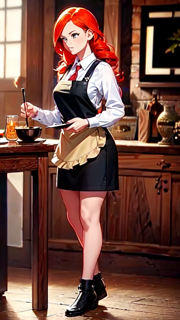 A young female tavernkeeper , red-haired, blonde brown hair, wear a short tight dress with a leather apron, 21 years old, DND, medieval fantasy, (best quality,4k,8k,highres,masterpiece:1.2), ultra-detailed, anime:1.37), vibrant, 