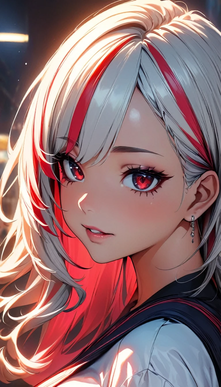 (highest quality:1.2, Very detailed, up to date, Vibrant, Ultra-high resolution, High Contrast, masterpiece:1.2, highest quality, Best aesthetics), Portraiture、girl、singer、Bright colors、Beautiful fine details、Beautiful lip detail、midium wave hair、red and white ((streaked hair:1.6)), highlights hair: 1.5, red eyes, slim body, middium breast, (tan skin:1.1), standing、((plain black T-shirts:1))、loose fit old jeans, (Floral Fineline tattoo design on left arm:1), Resolute expression、Avid Fan、Rock star aura、town