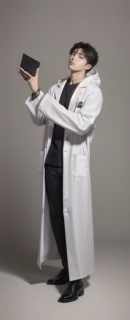 (Fair skin),((white lab coat)), (black hoodie underneath),Iris,(gender: Natural Face),(Japanese),(leather shoes),long body,handsome young asian man, Japanese idol style, short clean-cut hair, (center part), calm confident expression, hands in lab coat pockets, plain white background, portrait, high quality, detailed, 8K