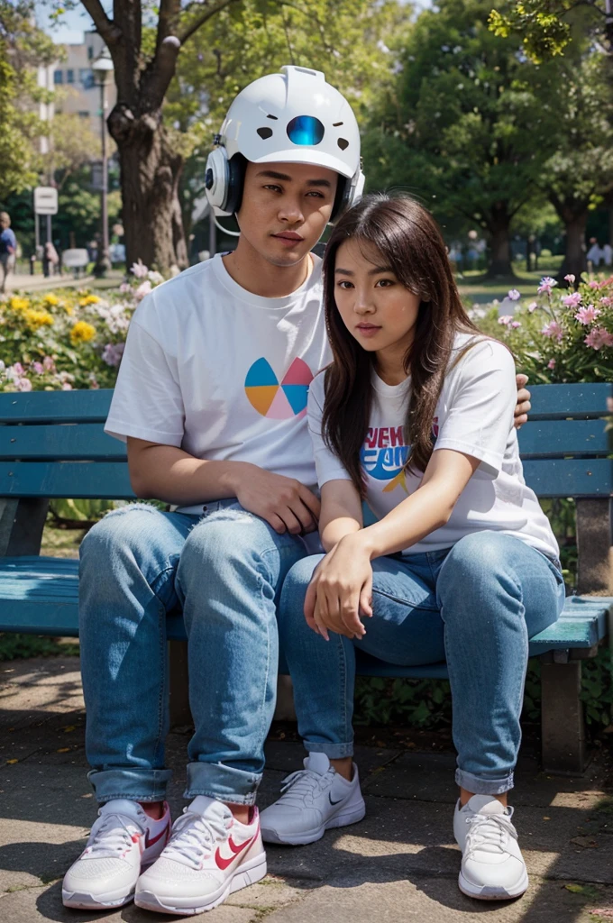 A photograph of a man hiding his face behind a DJ Marshmello-style helmet, wearing a T-shirt and a varsity jacket, white jeans, and Nike shoes, sitting with an attractive Asian woman in casual attire, in a colorful flower-filled park. Background features vibrant, blooming flowers in various shades of red, pink, yellow, and purple, with a blue sky overhead. Natural lighting creates soft shadows and highlights, giving a realistic appearance. Created Using: DSLR camera, photorealism, bokeh effect, wide-angle lens, spring theme, vibrant color grading, soft focus on flowers, high resolution