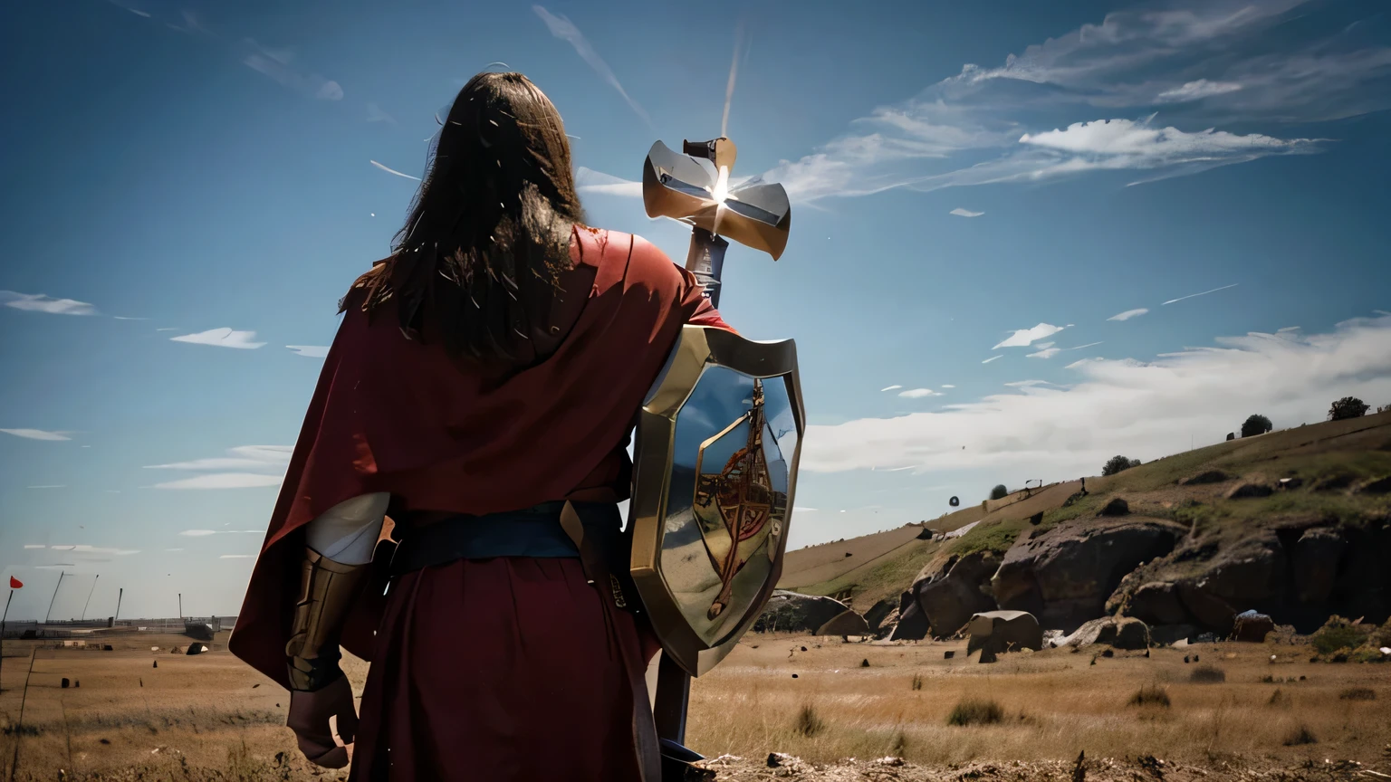 Jesus as a WARRIOR HOLDING A BIG SHIELD IN HIS HAND DEFENDING HIMSELF, ON BATTLEFIELD seen from behind with a red cape, BLUE SKY