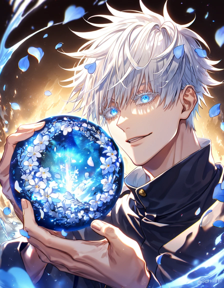 Ultra detailed, HDR, Highres, absurdres, master piece, Gojou Satoru, white hair with bangs, expressive blue eyes, white eyelashes, Jujutsu Kaisen, handsome, sexy man, solo, unlimited void, blue water, fantasy, magical, cursed energy, blue aura, blue petals, handsome smile, best quality, blue moon, forget-me-not flowers, inner domain,