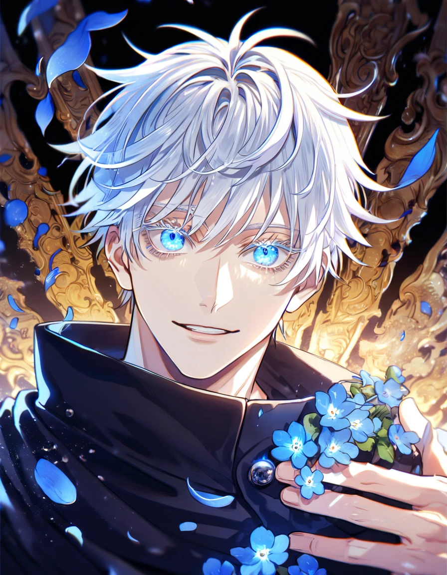 Ultra detailed, HDR, Highres, absurdres, master piece, Gojou Satoru, white hair with bangs, expressive blue eyes, white eyelashes, Jujutsu Kaisen, handsome, sexy man, solo, unlimited void, blue water, fantasy, magical, cursed energy, blue aura, blue petals, handsome smile, best quality, blue moon, forget-me-not flowers, inner domain, 