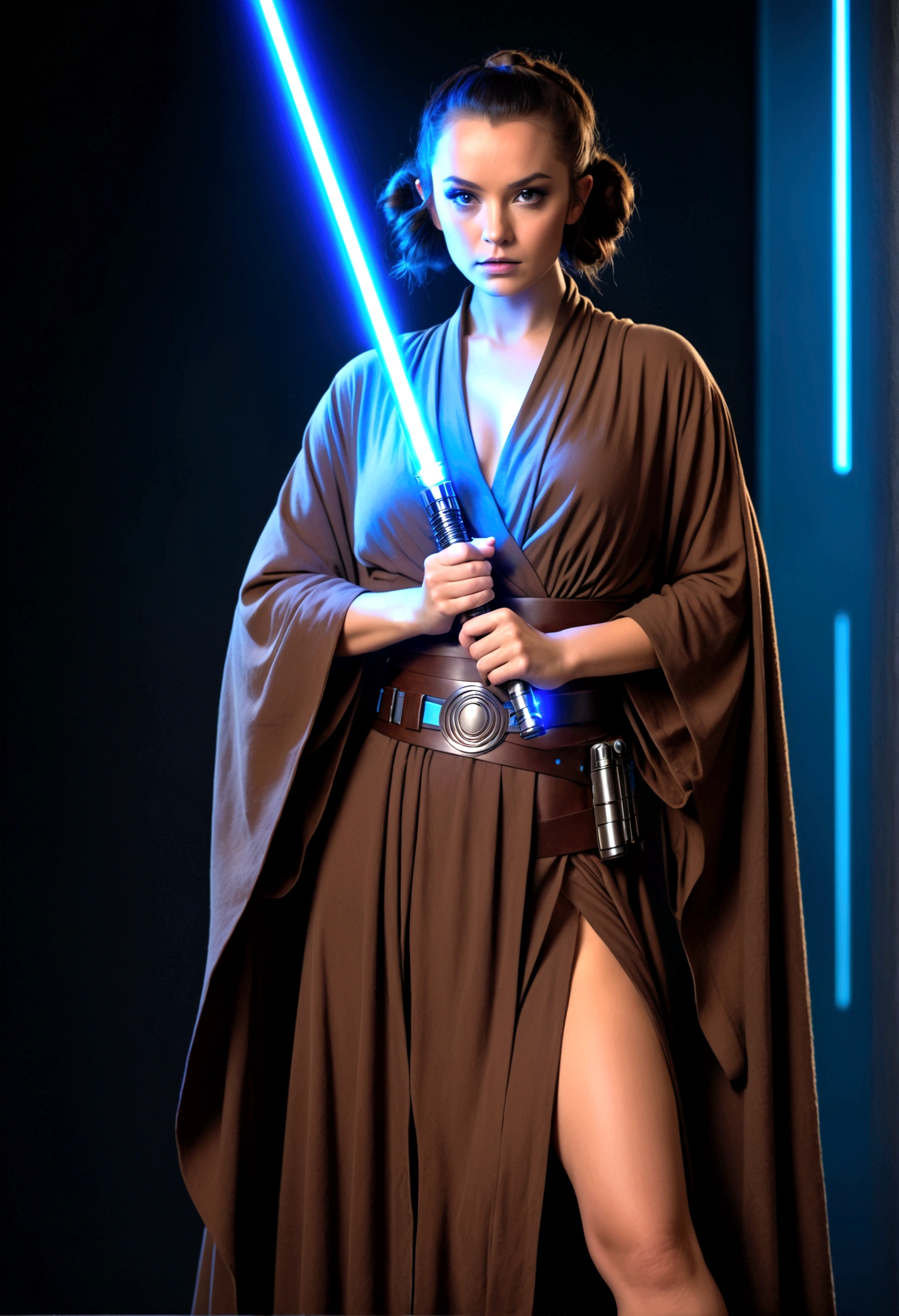 An illustrated movie poster, hand-drawn, full color, a teenage Jedi, 18-years-old, female, wearing a Jedi tunic, athletic hourglass figure, busty bosoms, full wide hips, massive round butt, long shapely legs, ridiculously thick powerful thighs, vibrant eyes, dark hair, thick shaggy bangs, tan complexion, resembles Ana De Armas, standing above Coruscant, graphite shading, stencil marks, airbrushed acrylic paint, masterpiece