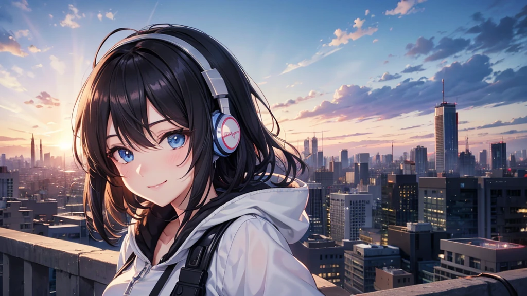 （UHD, super detail, best quality, highres）,black hair, blue eyes, hair over shoulder, medium hair, smile, (headphone),anime, anime style, (Delicate nigt view of the city)