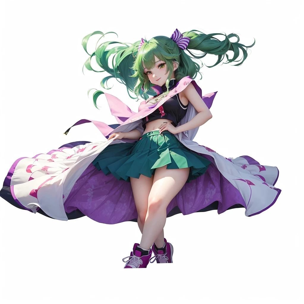 Green hair blue skirt anime girl, Wear漂亮裙子的cute动漫女孩, Kushat Krenz Key Women in Art, Anime cute art style, Wear, Beautiful and charming anime woman, Official Character Art, Attractive anime girl,Macross Delta Inkjet Art, 蓝Green Hair的动漫女孩, female anime character，Lively standing posture,enchanting，，absurd, ultra detailed, masterpiece, best quality, Aesthetic, detailed, Solitary, Smile, 1 Girl, Aqua eyes, Double tail, 长度中等的Double tail, 有点乱的Double tail，Hair between the eyes, Bangs, crossed Bangs, Messy hair, Small Breasts, Shut up,Sleeveless shirt, Open coat, turtleneck, Purple sneakers, Half-taken off purple coat, Card issuance, Girl，Green Hair，Green Hair，Green Hair，Green Hair，thin，Thin legs，Charming pose，Sexy，Sexy，Red hair accessories，Ball between legs，Red and white ball，clown女，clown妆容，Purple skirt，Blue skirt，Ultra-clear，Ultra-clear，Looking at the camera，Full body portrait，Small breasts，cute，Exaggerated smile，Petite，slim，a beautiful Girl，Thin waist，clown，Ball between legs，Emerald green underwear，腿中间夹着Red and white ball，Right hand on the face，Left-handed scissorhands