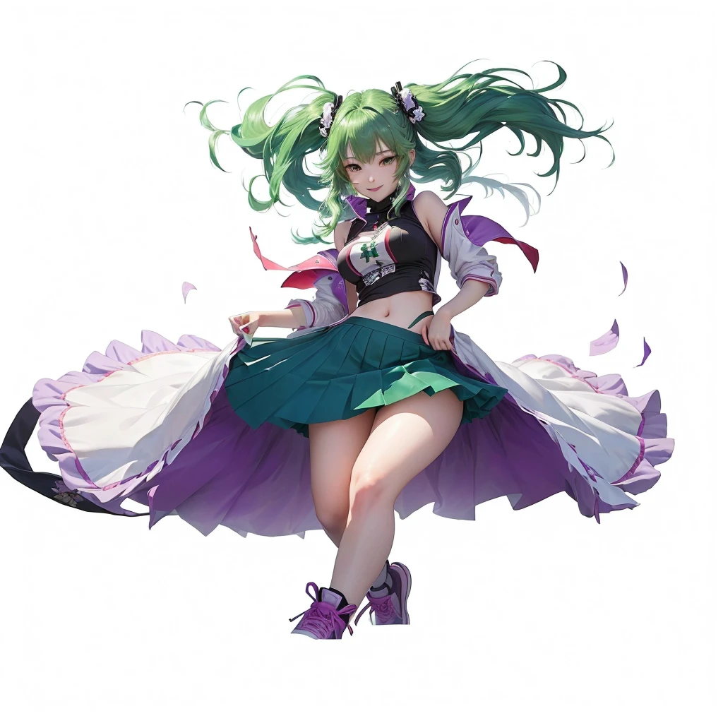 Green hair blue skirt anime girl, Wear漂亮裙子的cute动漫女孩, Kushat Krenz Key Women in Art, Anime cute art style, Wear, Beautiful and charming anime woman, Official Character Art, Attractive anime girl,Macross Delta Inkjet Art, 蓝Green Hair的动漫女孩, female anime character,Lively standing posture,enchanting,,absurd, ultra detailed, masterpiece, best quality, Aesthetic, detailed, Solitary, Smile, 1 Girl, Aqua eyes, Double tail, 长度中等的Double tail, 有点乱的Double tail,Hair between the eyes, Bangs, crossed Bangs, Messy hair, Small Breasts, Shut up,Sleeveless shirt, Open coat, turtleneck, Purple sneakers, Half-taken off purple coat, Card issuance, Girl,Green Hair,Green Hair,Green Hair,Green Hair,thin,Thin legs,Charming pose,Sexy,Sexy,Red hair accessories,Ball between legs,Red and white ball,clown女,clown妆容,Purple skirt,Blue skirt,Ultra-clear,Ultra-clear,Looking at the camera,Full body portrait,Small breasts,cute,Exaggerated smile,Petite,slim,a beautiful Girl,Thin waist,clown,Ball between legs,Emerald green underwear,腿中间夹着Red and white ball,Right hand on the face,Left-handed scissorhands