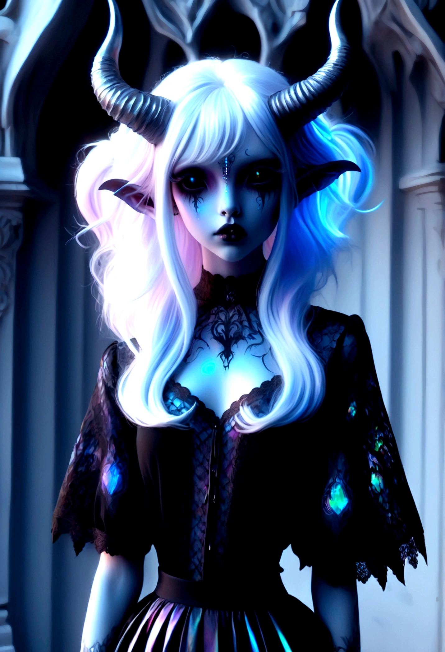 pale demon girl , (prismatic coloring, holographic vibe, chromatic:1.2) black lace blouse, gothic background, (long straight horns:1.2)  sneakers with socks,