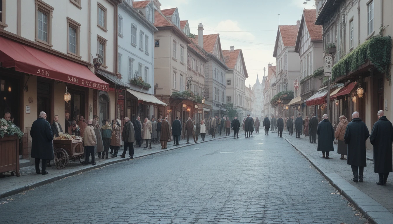 macabre street, several houses, daytime, suspenseful atmosphere, fear