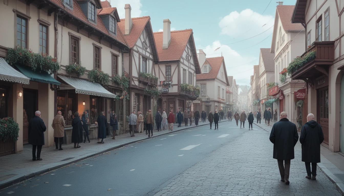 macabre street, several houses, daytime, suspenseful atmosphere, fear