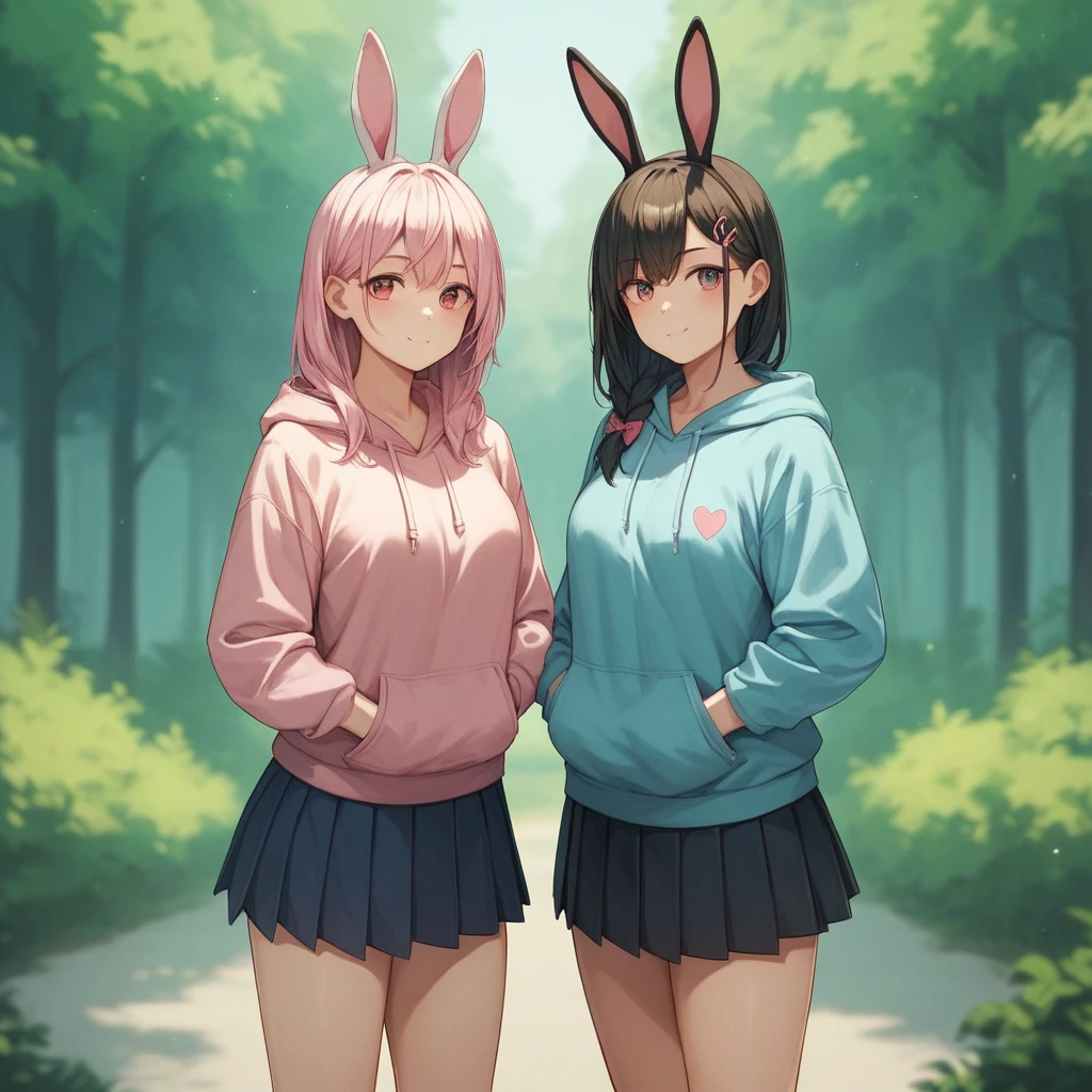aso, Best girl, rabbit ears, hoodie, skirt, forest background