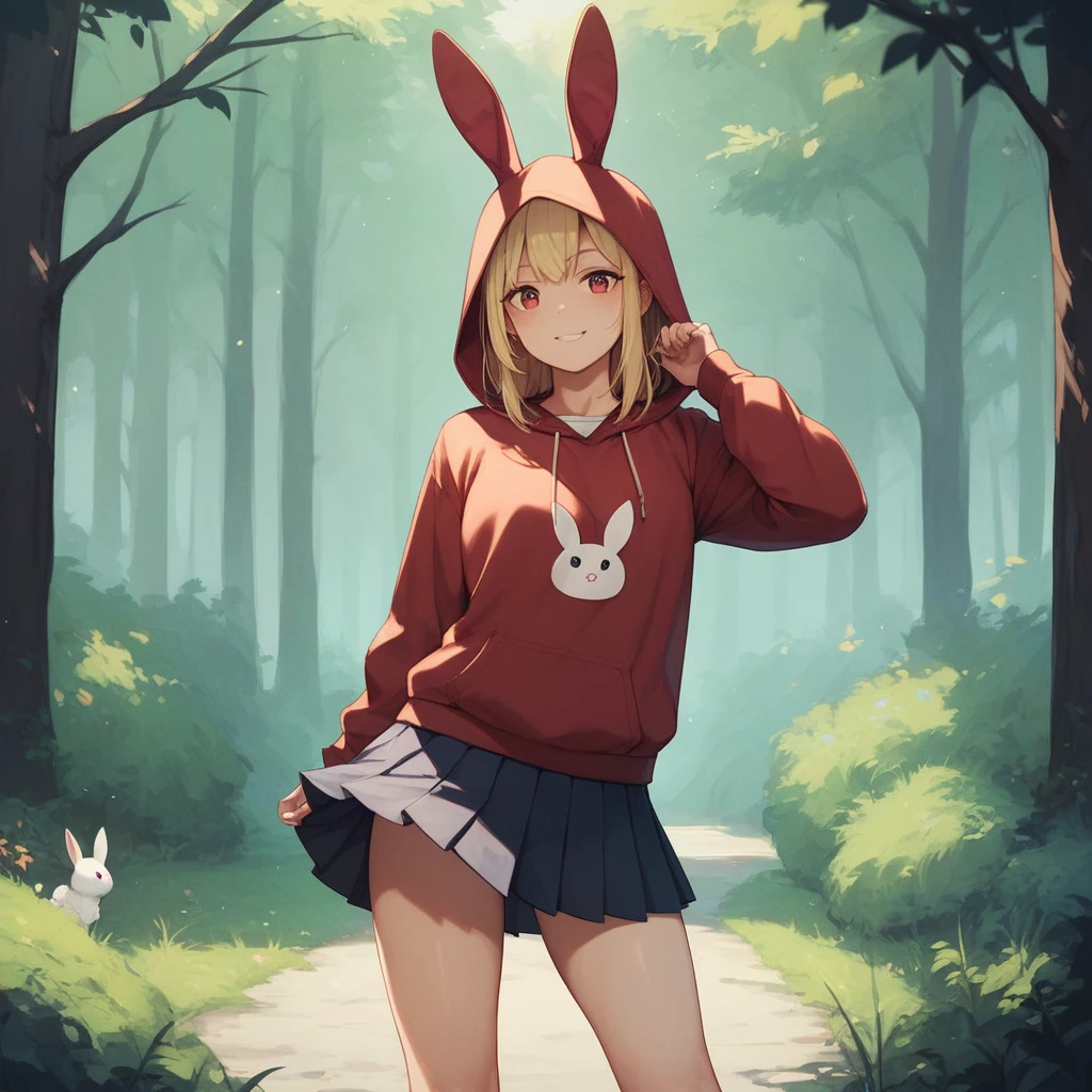 aso, Best girl, rabbit ears, hoodie, skirt, forest background